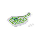Witte kunststof mintdispenser in de vorm van een opgestoken duim met een logo in tampondruk