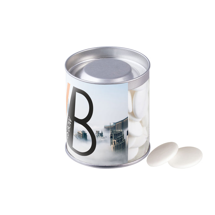 Transparante can gevuld met imperiale pepermunt en full colour bedrukte inlay met logo