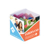 Transparante kubus gevuld met dropstaafjes en full colour bedrukte inlay met logo