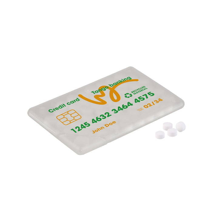 Transparante mint creditcard gevuld met suikervrije pepermuntjes en logo op de bovenzijde