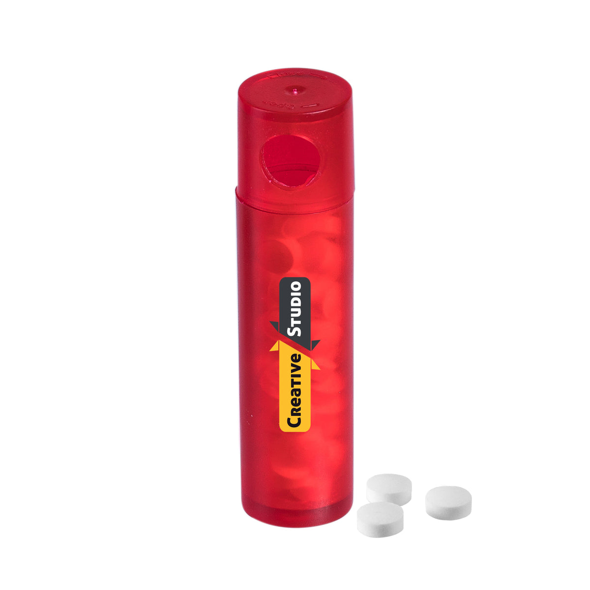 Rood mintkokertje gevuld met mini pepermuntjes en full colour logo op de voorzijde