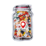 Platte transparante weckpot midi gevuld met snoep en full colour sticker met logo