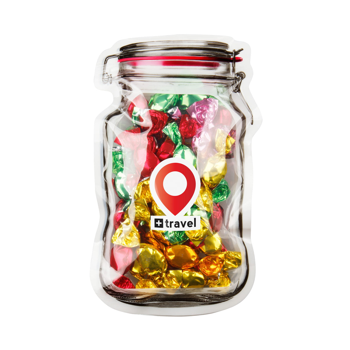 Platte transparante weckpot midi gevuld met snoep en full colour sticker met logo: Metallic sweets