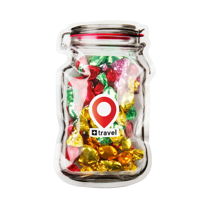 Platte transparante weckpot midi gevuld met snoep en full colour sticker met logo: Metallic sweets