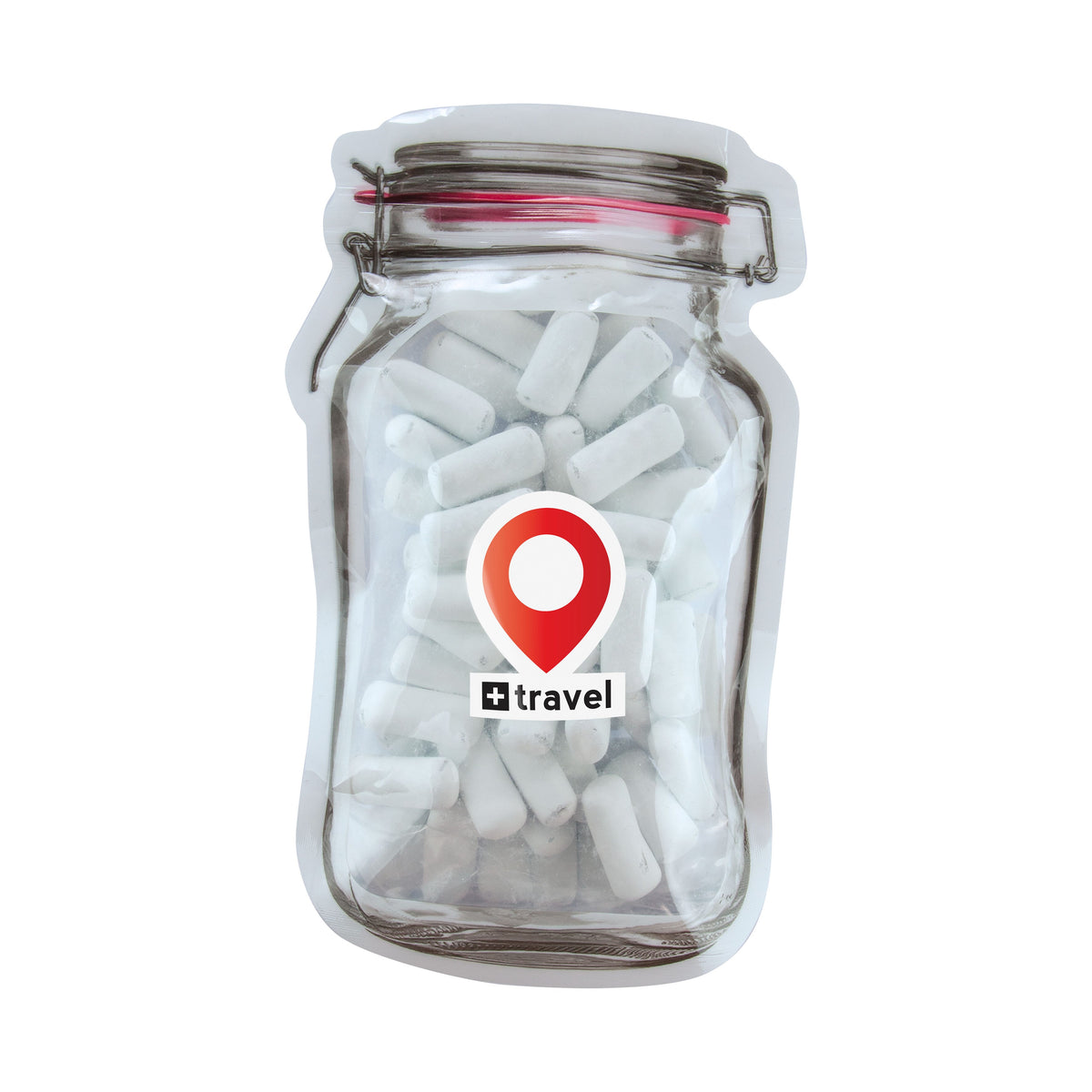 Platte transparante weckpot midi gevuld met snoep en full colour sticker met logo: Schoolkrijt