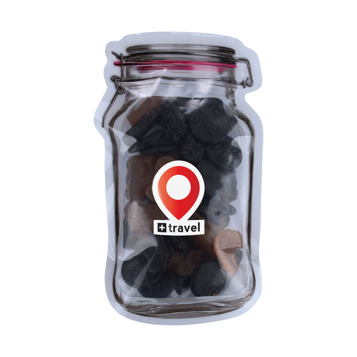 Platte transparante weckpot midi gevuld met snoep en full colour sticker met logo: Gemengd Drop