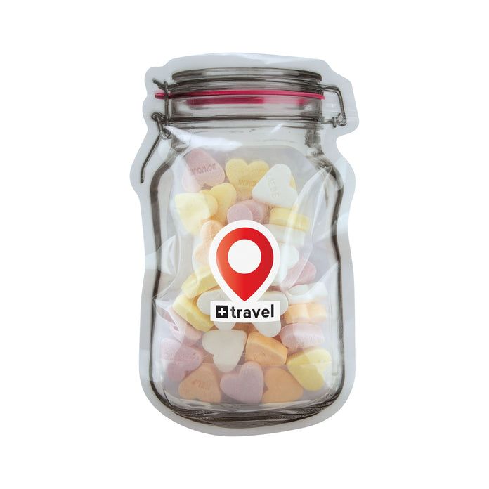 Platte transparante weckpot midi gevuld met snoep en full colour sticker met logo: Vruchtenhartjes