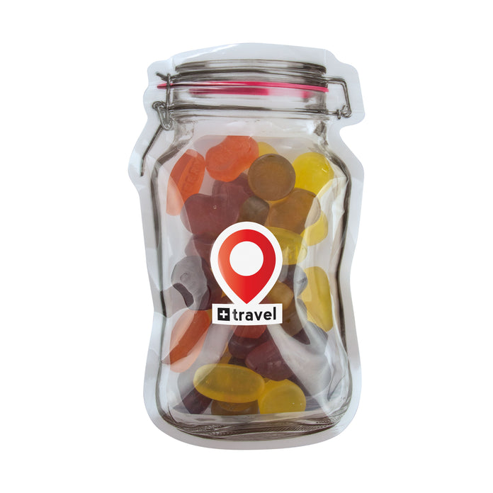 Platte transparante weckpot midi gevuld met snoep en full colour sticker met logo: Winegums