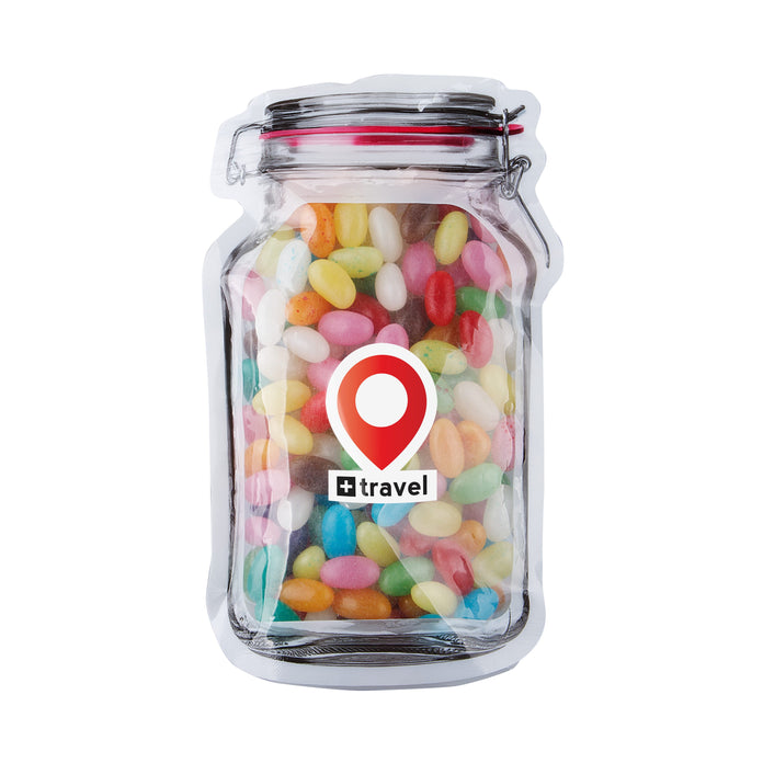Platte transparante weckpot midi gevuld met snoep en full colour sticker met logo: Jelly beans