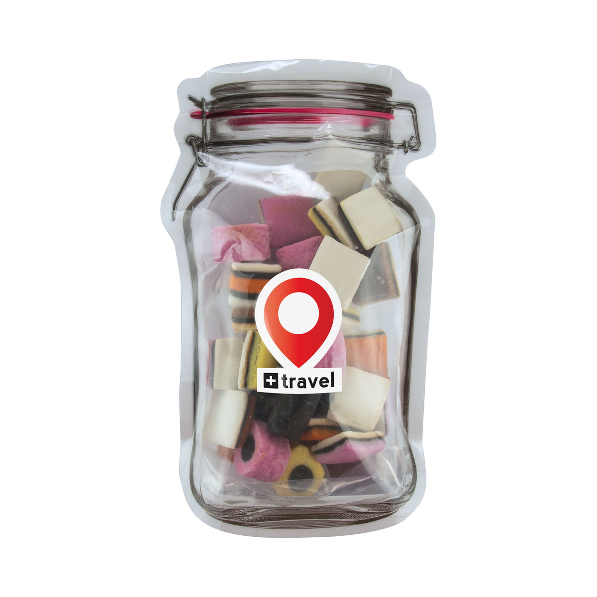 Platte transparante weckpot midi gevuld met snoep en full colour sticker met logo: Engels drop