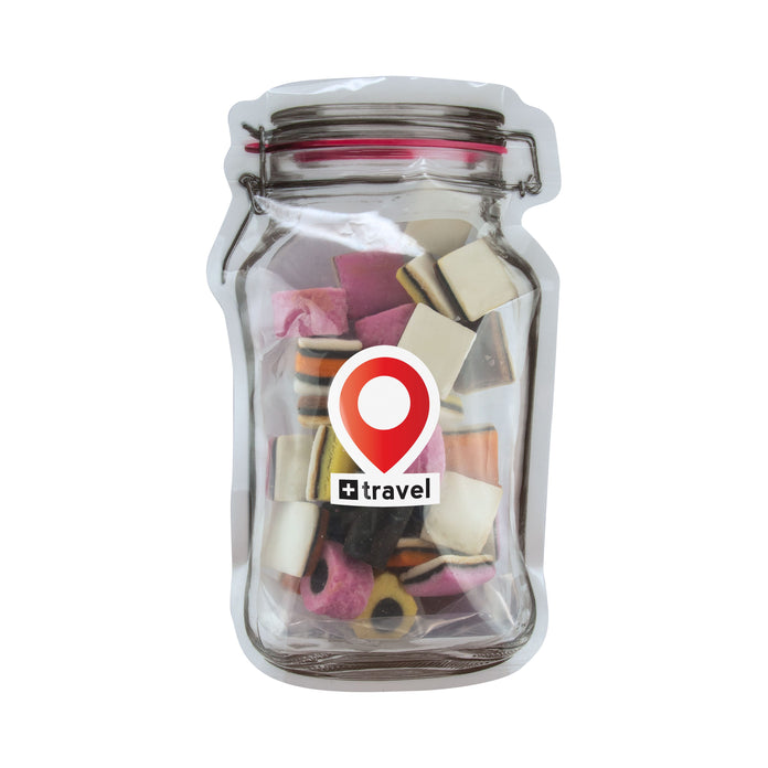 Platte transparante weckpot midi gevuld met snoep en full colour sticker met logo: Engels drop