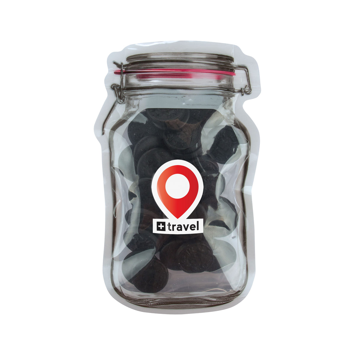 Platte transparante weckpot midi gevuld met snoep en full colour sticker met logo: Muntdrop