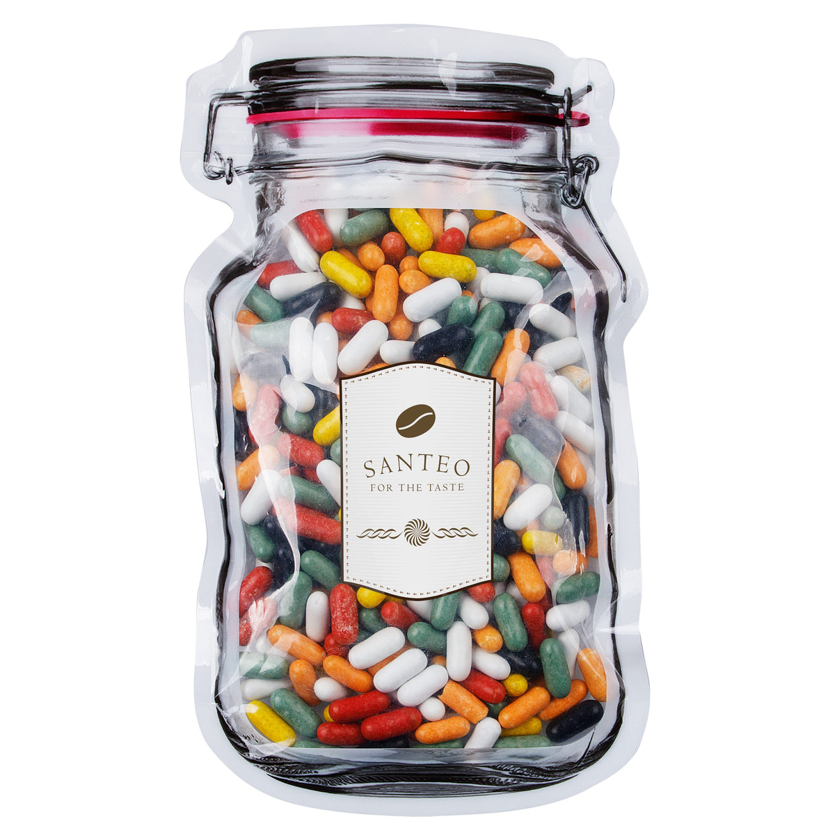 Platte transparante weckpot maxi gevuld met snoep en full colour sticker in eigen vorm