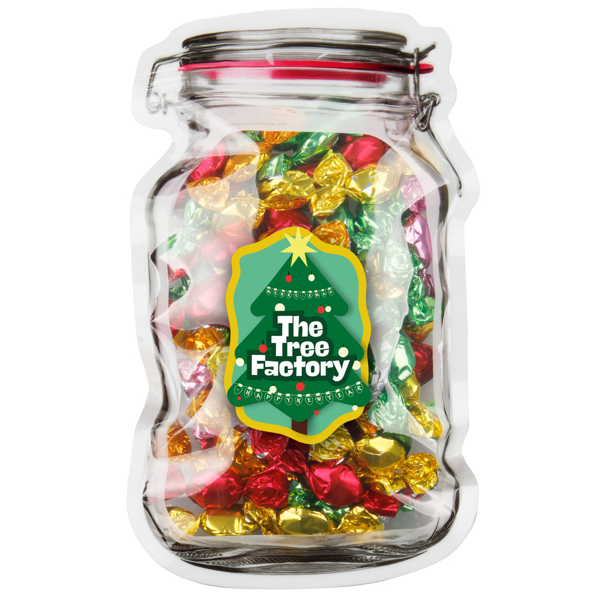 Platte transparante weckpot maxi gevuld met snoep en full colour sticker in eigen vorm: Metallic sweets