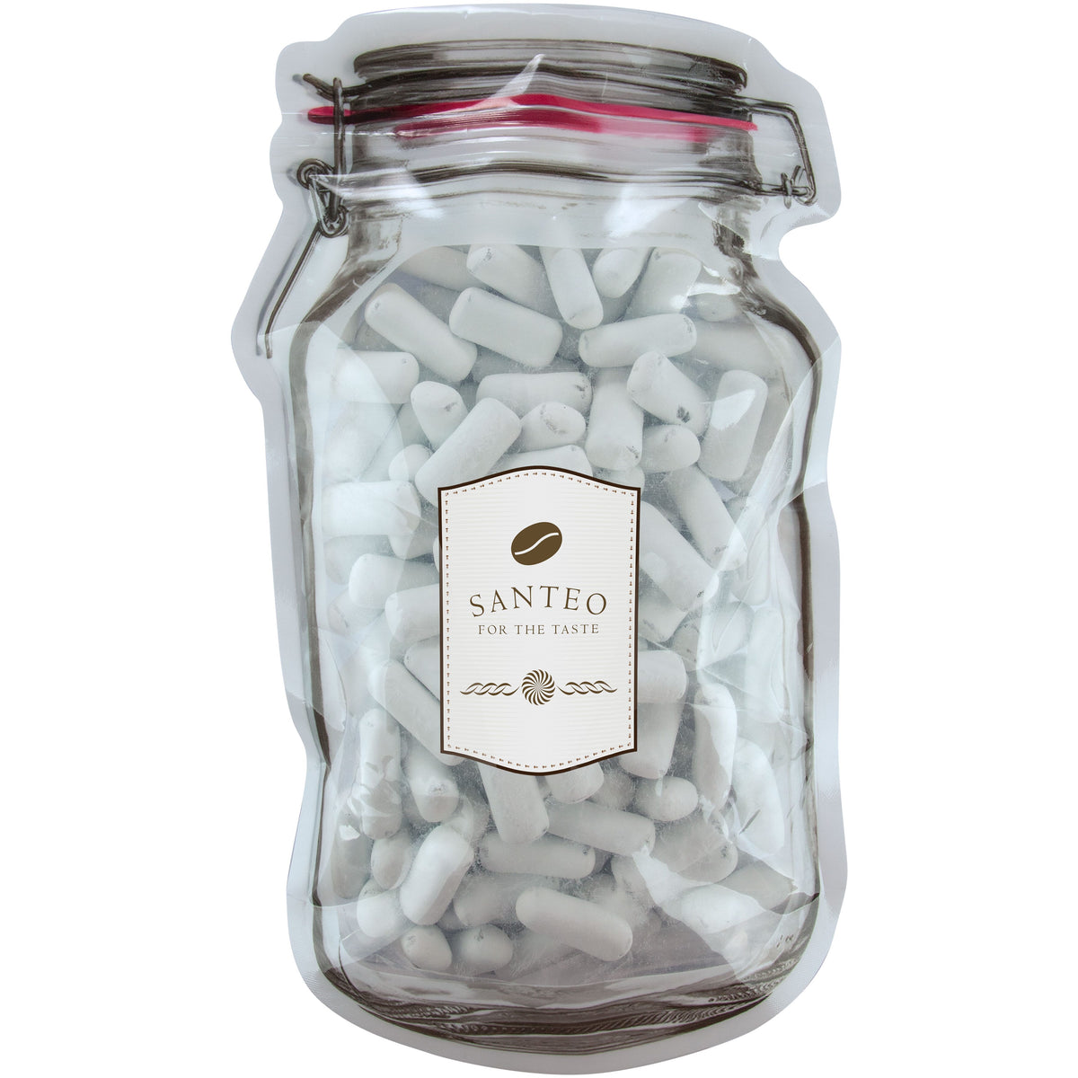 Platte transparante weckpot maxi gevuld met snoep en full colour sticker in eigen vorm: Schoolkrijt