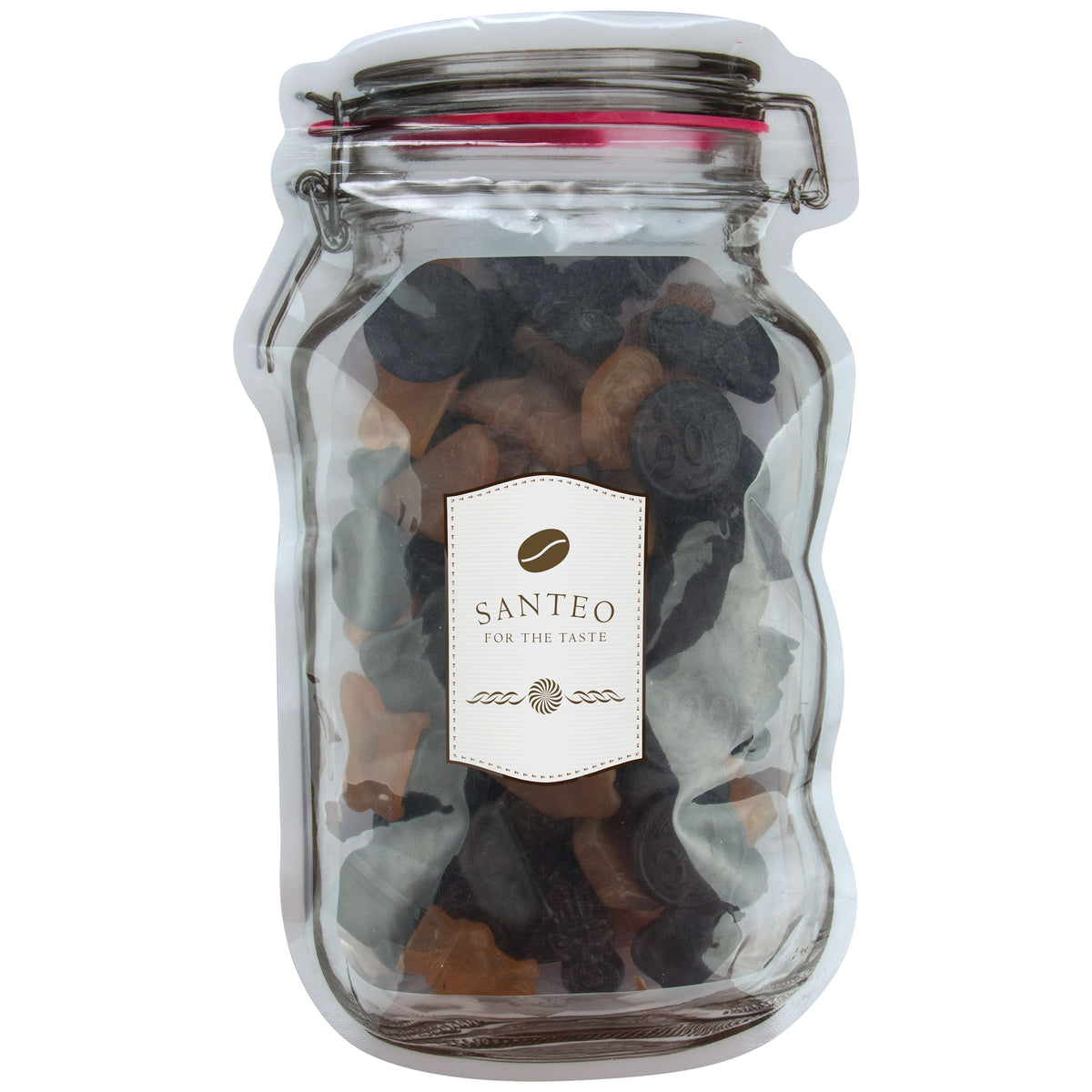 Platte transparante weckpot maxi gevuld met snoep en full colour sticker in eigen vorm: Gemengd Drop