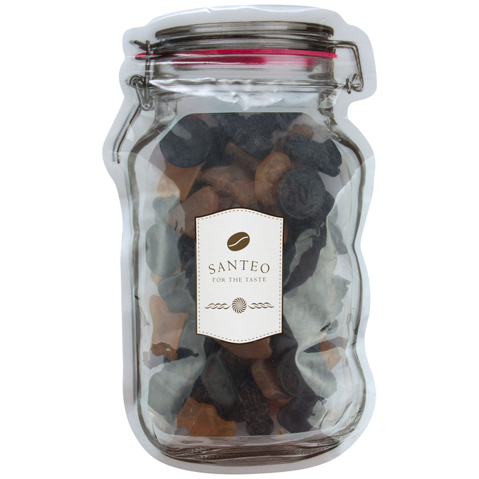 Platte transparante weckpot maxi gevuld met snoep en full colour sticker in eigen vorm: Gemengd Drop