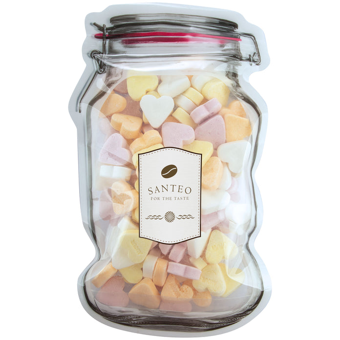 Platte transparante weckpot maxi gevuld met snoep en full colour sticker in eigen vorm: Vruchtenhartjes