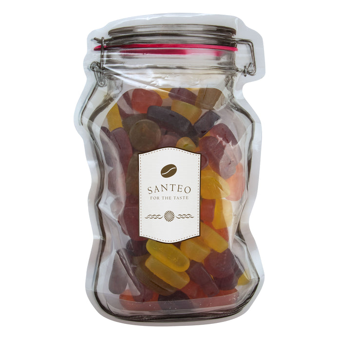 Platte transparante weckpot maxi gevuld met snoep en full colour sticker in eigen vorm: Winegums