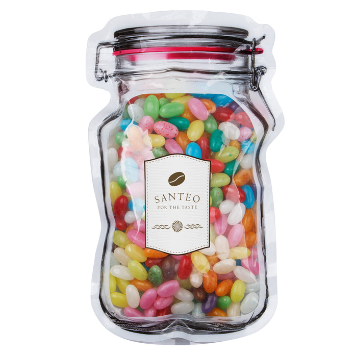 Platte transparante weckpot maxi gevuld met snoep en full colour sticker in eigen vorm: Jelly beans