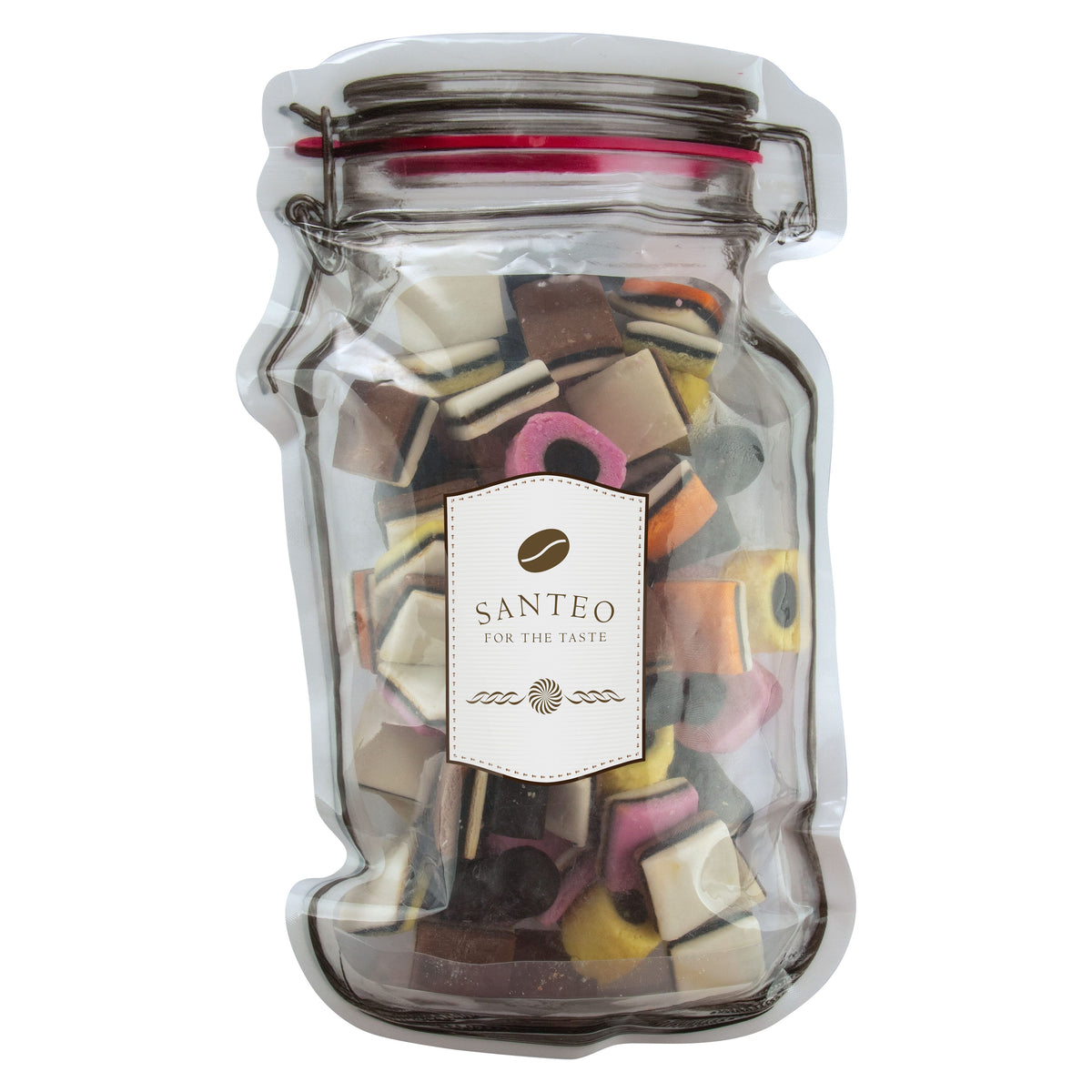 Platte transparante weckpot maxi gevuld met snoep en full colour sticker in eigen vorm: Engels drop