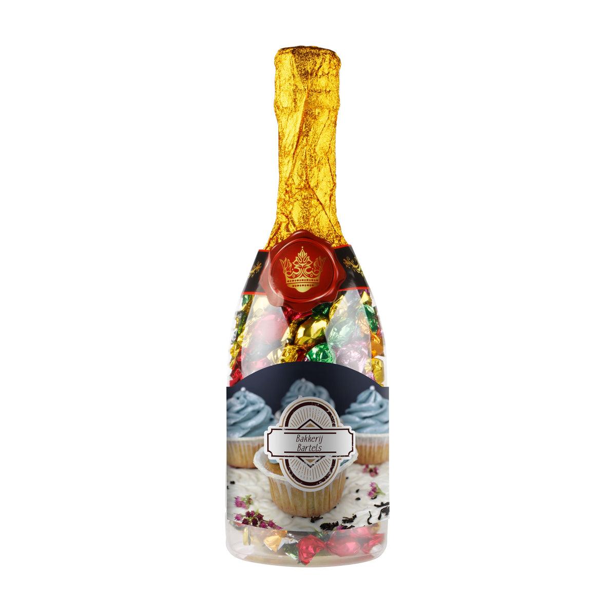 Transparante champagnefles gevuld met metallic sweets en full colour sticker met logo op de voorzijde
