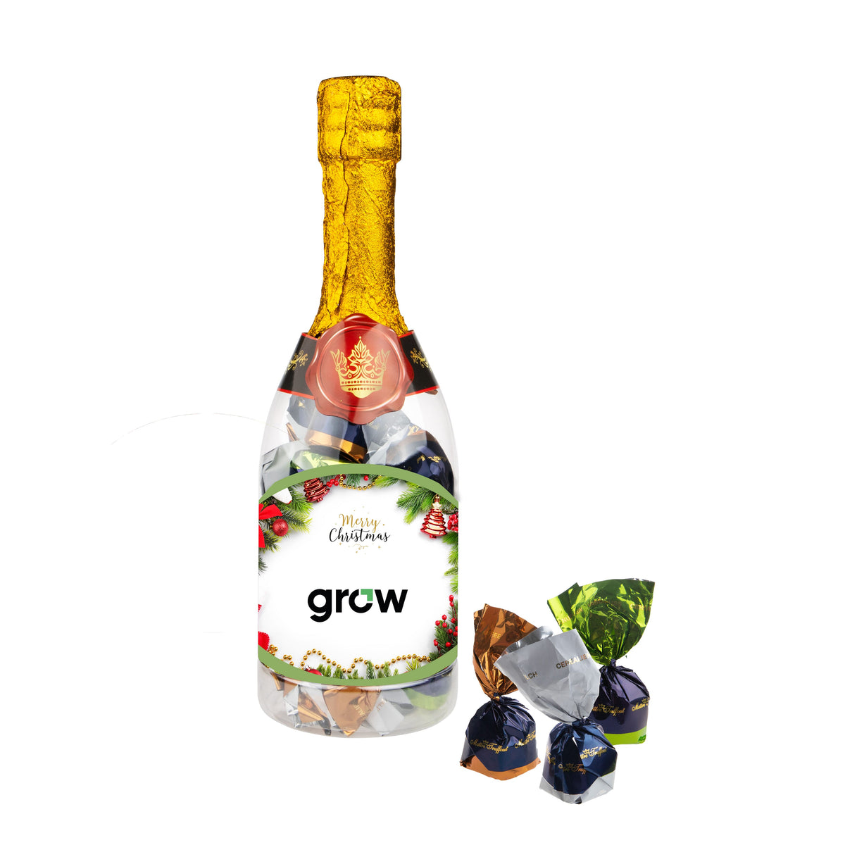 Transparante champagnefles gevuld met chocolade bonbons en full colour sticker met logo