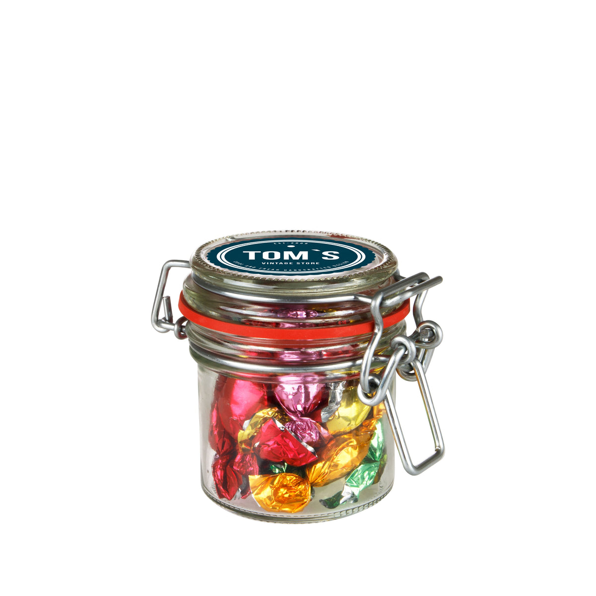 Glazen weckpotje van 0,13 liter gevuld met snoep en ronde sticker met logo op het deksel: Metallic sweets