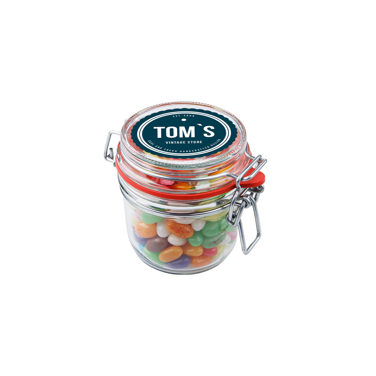 Glazen weckpotje van 0,13 liter gevuld met snoep en ronde sticker met logo op het deksel: Jelly beans