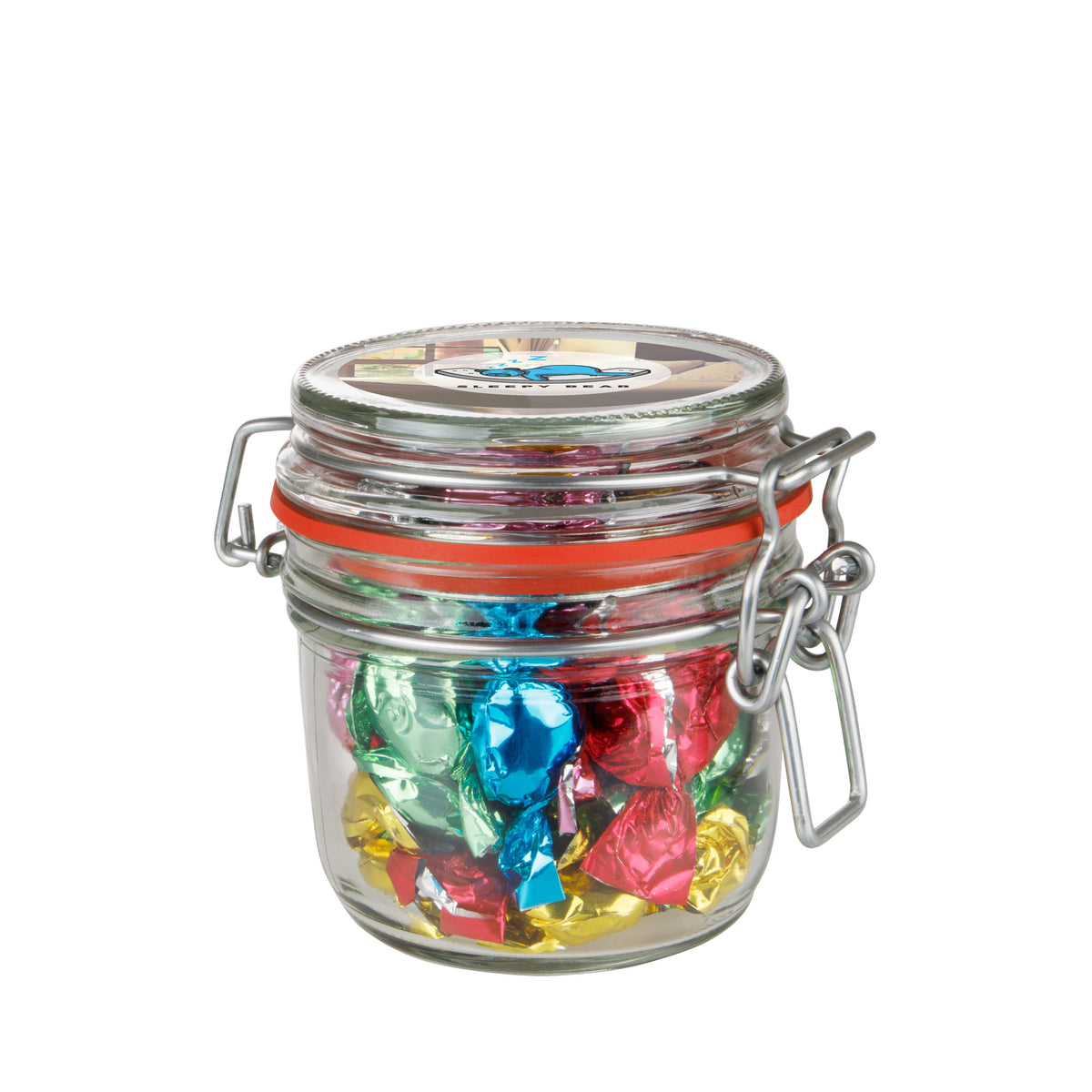 Glazen weckpotje van 0,25 liter gevuld met snoep en sticker met logo op het deksel: Metallic sweets