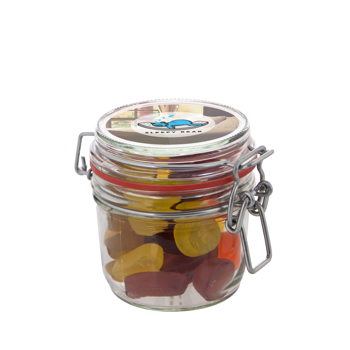 Glazen weckpotje van 0,25 liter gevuld met snoep en sticker met logo op het deksel: Winegums