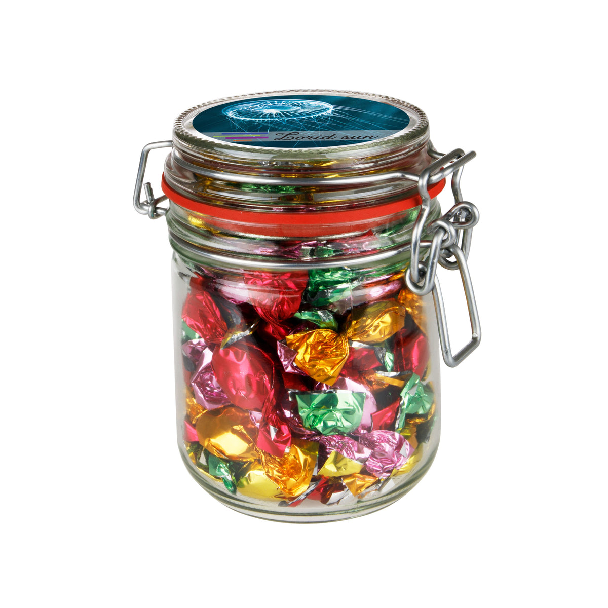 Glazen weckpot van 0,4 liter gevuld met snoep en ronde sticker met logo op het deksel: Metallic sweets