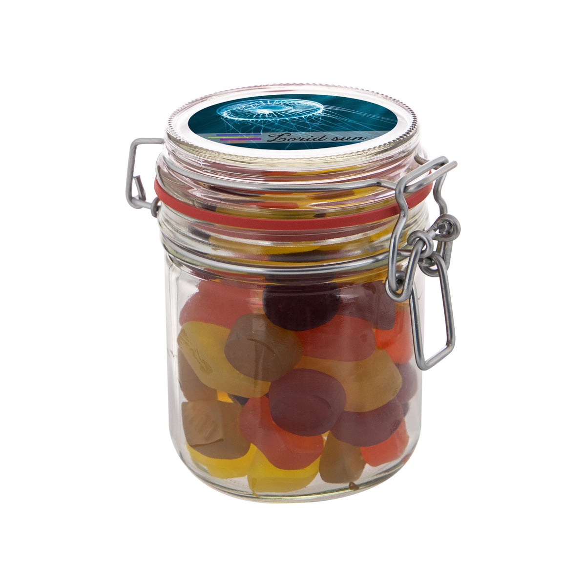Glazen weckpot van 0,4 liter gevuld met snoep en ronde sticker met logo op het deksel: Winegums