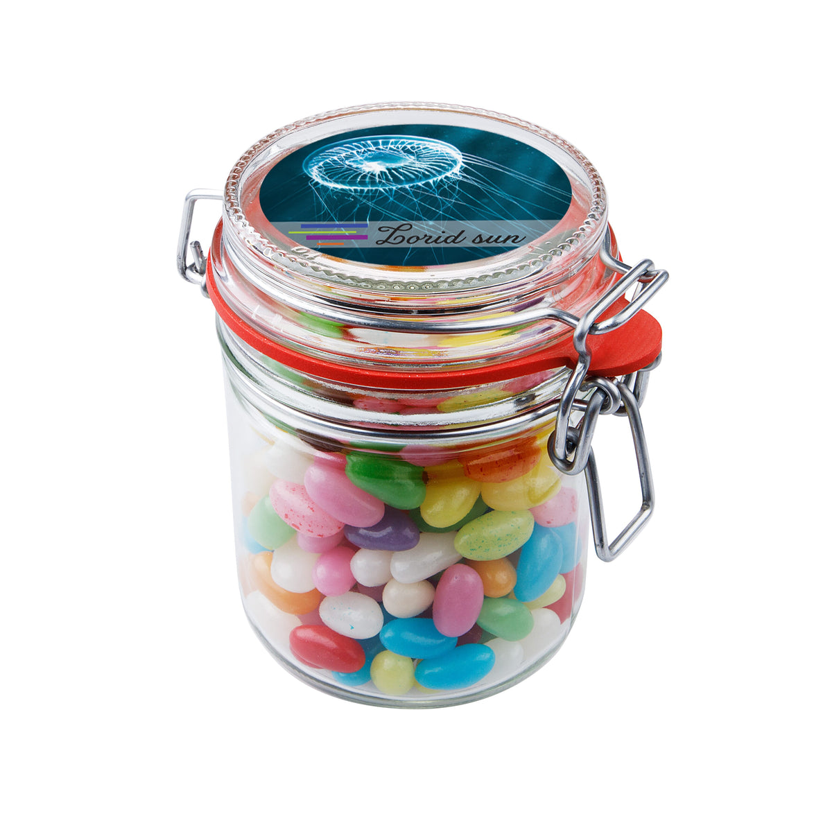 Glazen weckpot van 0,4 liter gevuld met snoep en ronde sticker met logo op het deksel: Jelly beans