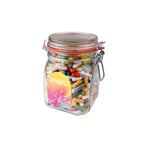 Glazen weckpot van 0,9 liter gevuld met snoep en full colour sticker met logo op de voorzijde