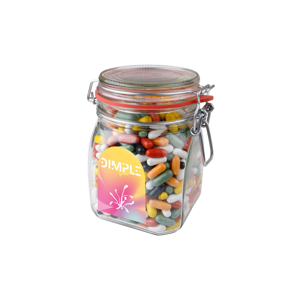 Glazen weckpot van 0,9 liter gevuld met snoep en full colour sticker met logo op de voorzijde