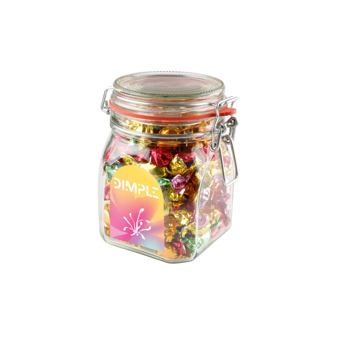 Glazen weckpot van 0,9 liter gevuld met snoep en full colour sticker met logo op de voorzijde: Metallic sweets