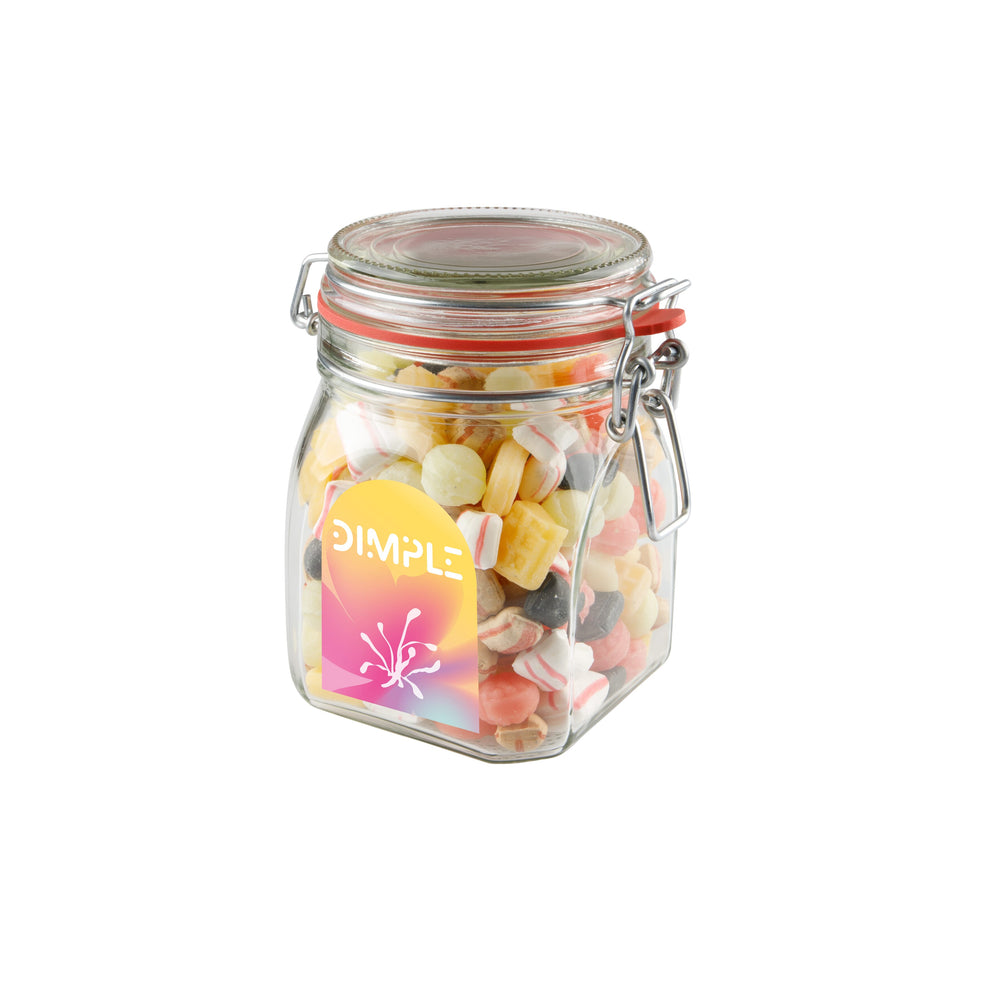 Glazen weckpot van 0,9 liter gevuld met snoep en full colour sticker met logo op de voorzijde: Oud Hollandse mix