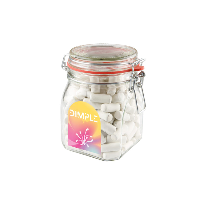 Glazen weckpot van 0,9 liter gevuld met snoep en full colour sticker met logo op de voorzijde: Schoolkrijt