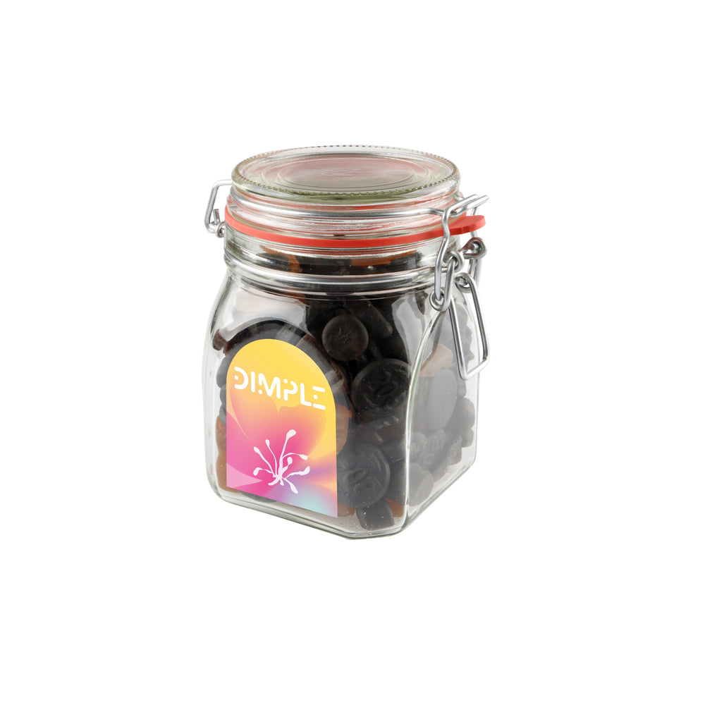 Glazen weckpot van 0,9 liter gevuld met snoep en full colour sticker met logo op de voorzijde: Gemengd Drop