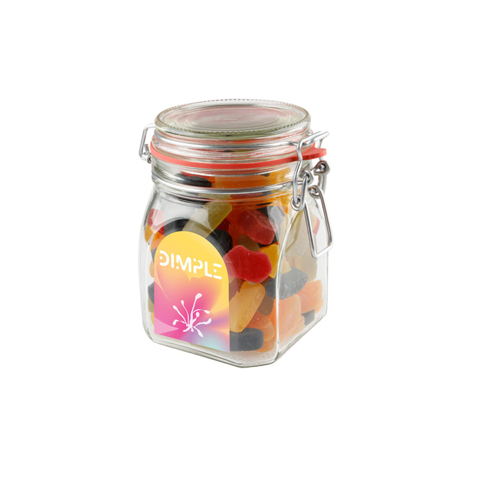 Glazen weckpot van 0,9 liter gevuld met snoep en full colour sticker met logo op de voorzijde: Winegums
