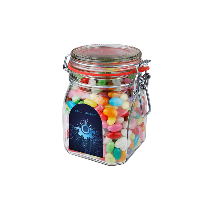 Glazen weckpot van 0,9 liter gevuld met snoep en full colour sticker met logo op de voorzijde: Jelly beans