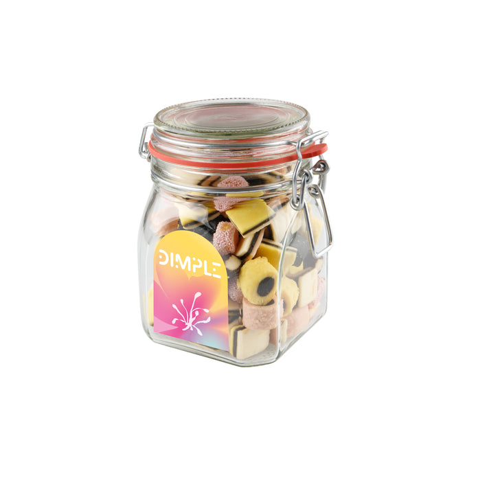 Glazen weckpot van 0,9 liter gevuld met snoep en full colour sticker met logo op de voorzijde: Engels drop