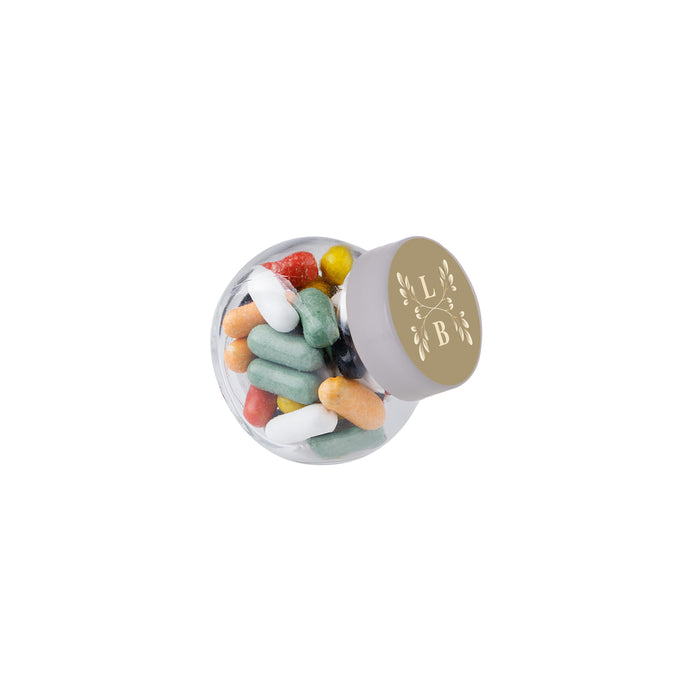 Micro glazen potje van 50 ml gevuld met snoep en ronde sticker met logo op het deksel