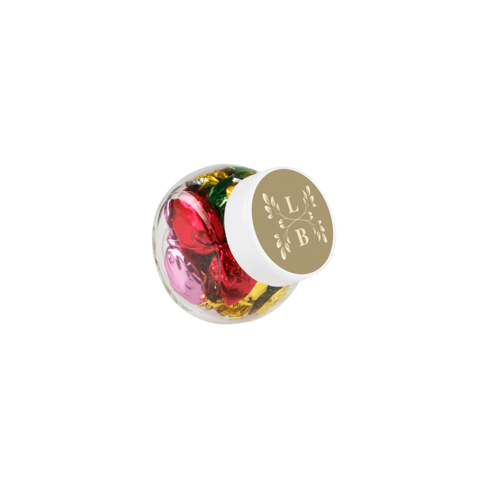 Micro glazen potje van 50 ml gevuld met snoep en ronde sticker met logo op het deksel: Metallic sweets