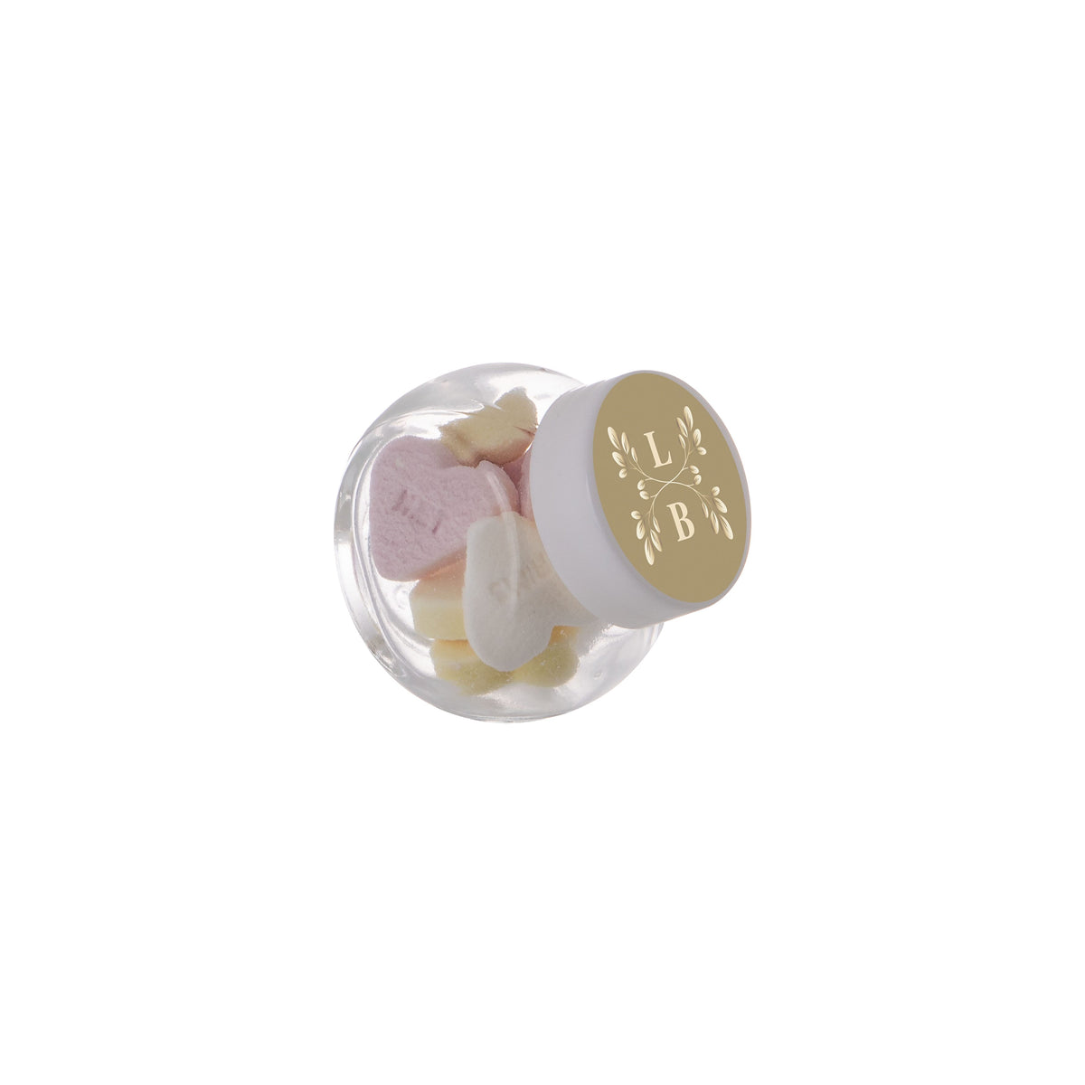 Micro glazen potje van 50 ml gevuld met snoep en ronde sticker met logo op het deksel: Vruchtenhartjes