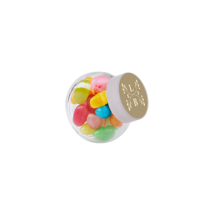 Micro glazen potje van 50 ml gevuld met snoep en ronde sticker met logo op het deksel: Jelly beans
