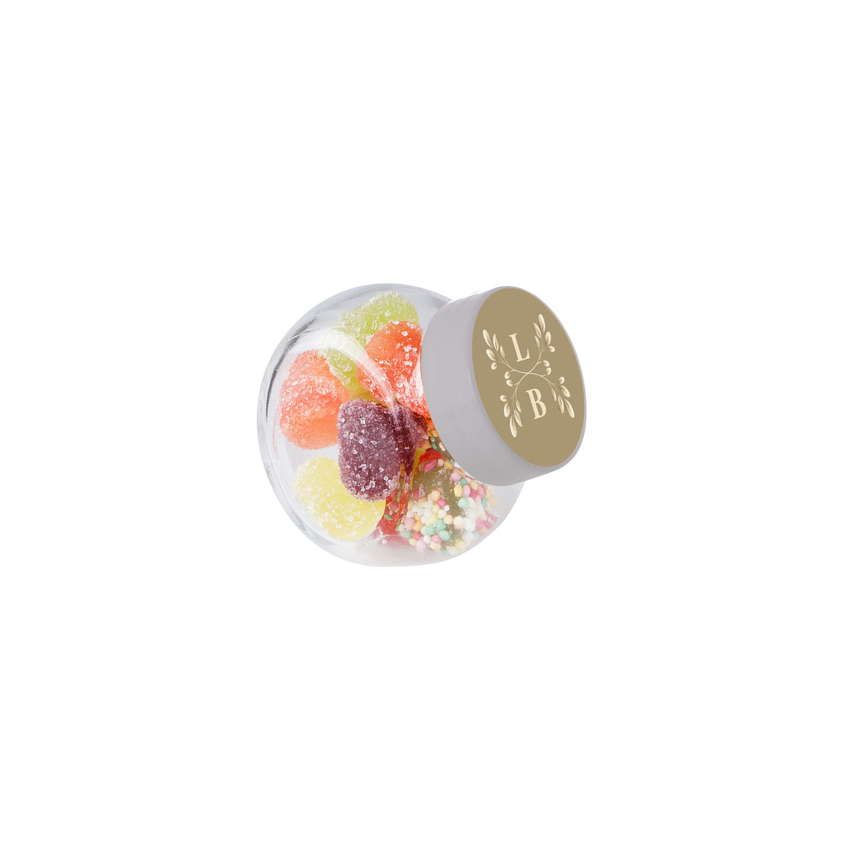 Micro glazen potje van 50 ml gevuld met snoep en ronde sticker met logo op het deksel: Tum Tum