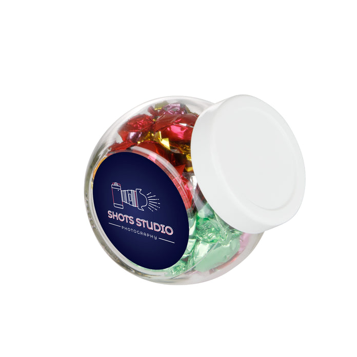 Mini glazen potje van 0,2 liter met wit deksel, gevuld met snoep en sticker met logo: Metallic sweets / Wit