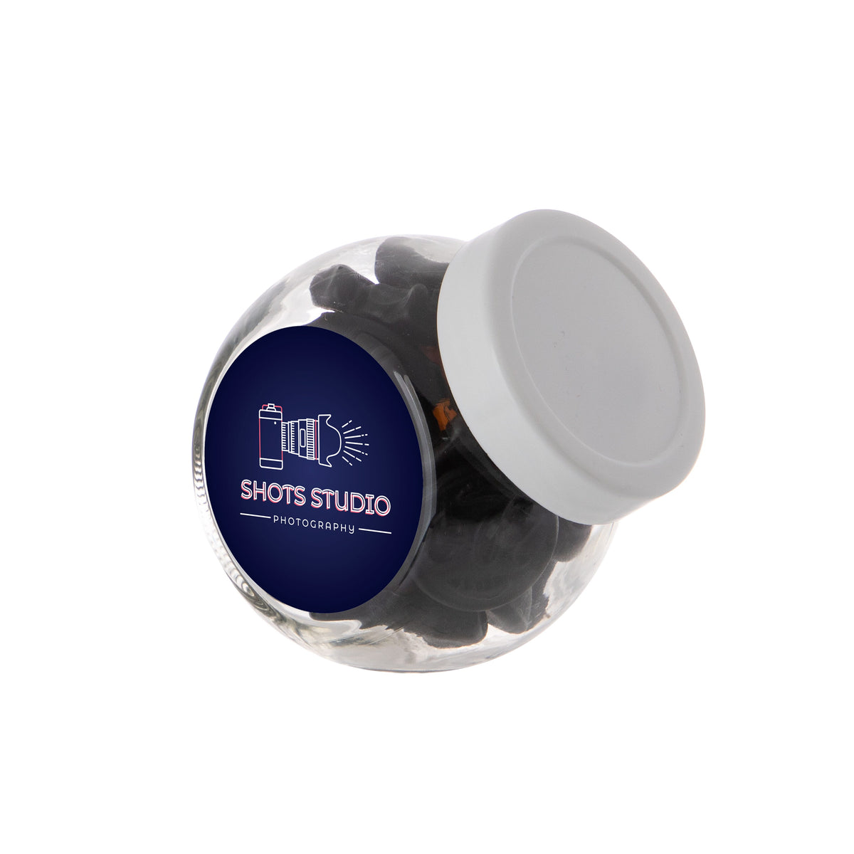 Mini glazen potje van 0,2 liter met wit deksel, gevuld met snoep en sticker met logo: Gemengd Drop / Wit